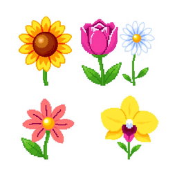 A vibrant 4x4 pixel art spritesheet featuring various colorful flowers