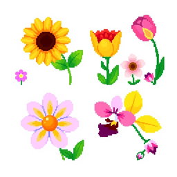 A vibrant 4x4 pixel art spritesheet featuring various colorful flowers