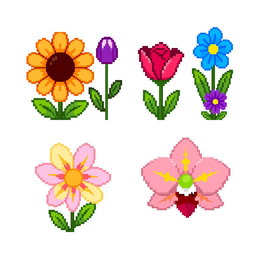 A vibrant 4x4 pixel art spritesheet featuring various colorful flowers