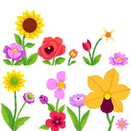A vibrant 4x4 pixel art spritesheet featuring various colorful flowers