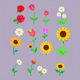 A vibrant pixel art spritesheet featuring a variety of flowers, including roses, tulips, daisies, and sunflowers
