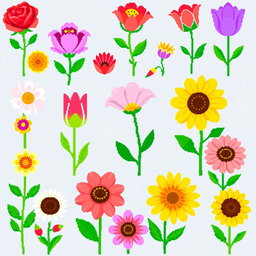 A vibrant pixel art spritesheet featuring a variety of flowers, including roses, tulips, daisies, and sunflowers