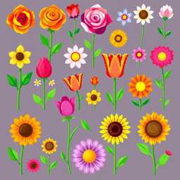 A vibrant pixel art spritesheet featuring a variety of flowers, including roses, tulips, daisies, and sunflowers
