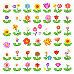 A vibrant and colorful pixel art spritesheet featuring small flowers of various types