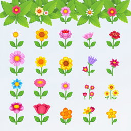 A vibrant and colorful pixel art spritesheet featuring small flowers of various types