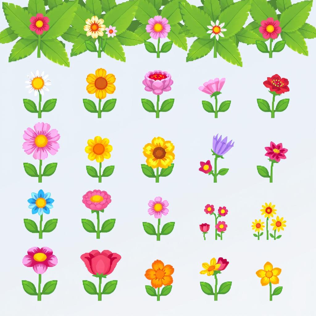 A vibrant and colorful pixel art spritesheet featuring small flowers of various types