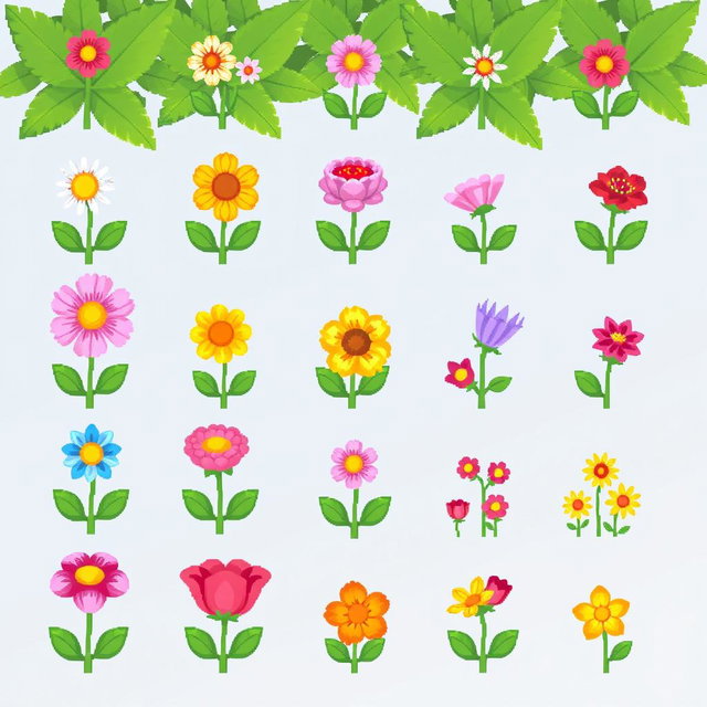 A vibrant and colorful pixel art spritesheet featuring small flowers of various types