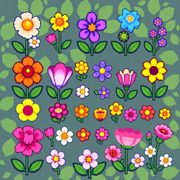 A vibrant and colorful pixel art spritesheet featuring small flowers of various types