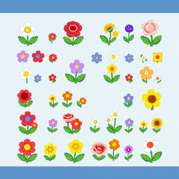 A vibrant and colorful pixel art spritesheet featuring small flowers of various types