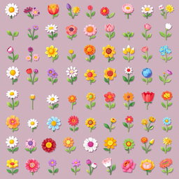 A vibrant spritesheet showcasing small pixel art flowers in various colors and designs