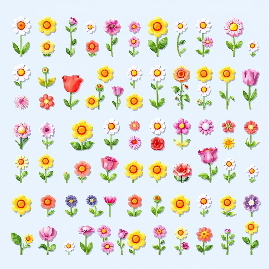 A vibrant spritesheet showcasing small pixel art flowers in various colors and designs