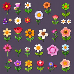 A vibrant spritesheet showcasing small pixel art flowers in various colors and designs