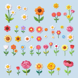 A vibrant spritesheet showcasing small pixel art flowers in various colors and designs