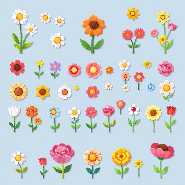 A vibrant spritesheet showcasing small pixel art flowers in various colors and designs
