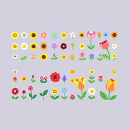 A colorful spritesheet showcasing various small pixel art flowers in a charming style