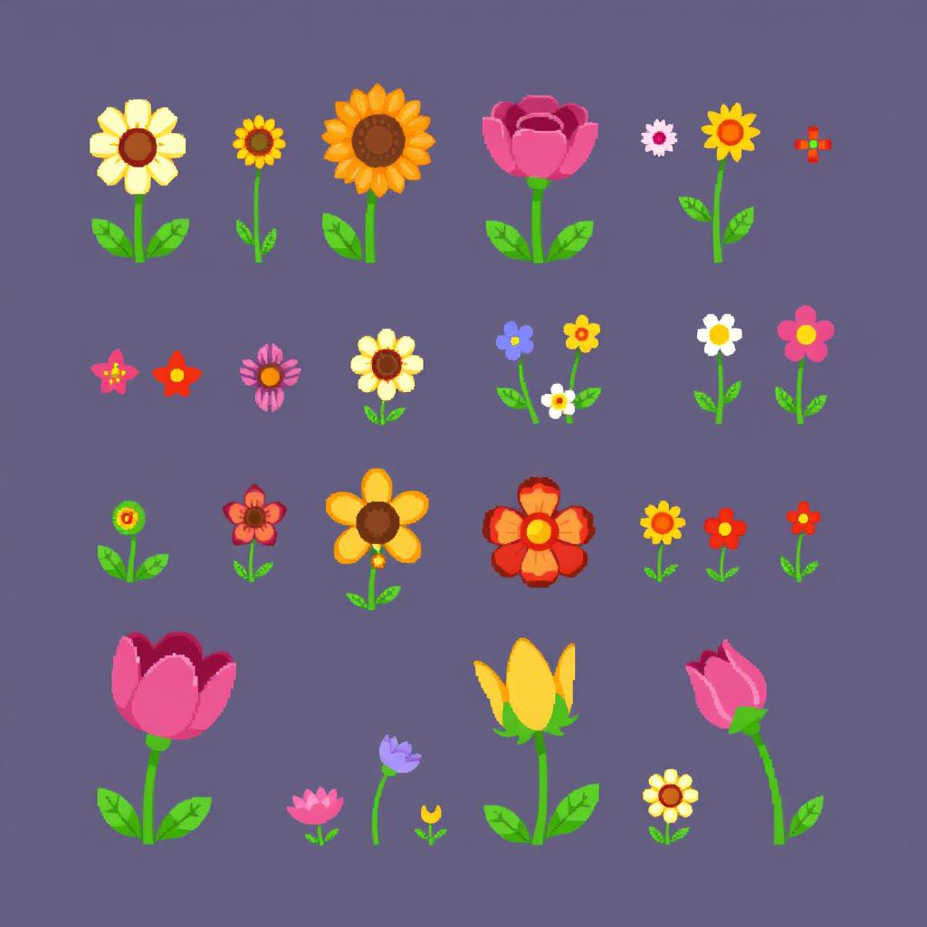 A colorful spritesheet showcasing various small pixel art flowers in a charming style