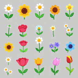 A colorful spritesheet showcasing various small pixel art flowers in a charming style