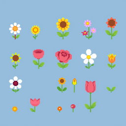 A colorful spritesheet showcasing various small pixel art flowers in a charming style