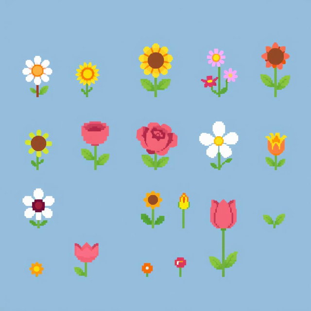 A colorful spritesheet showcasing various small pixel art flowers in a charming style