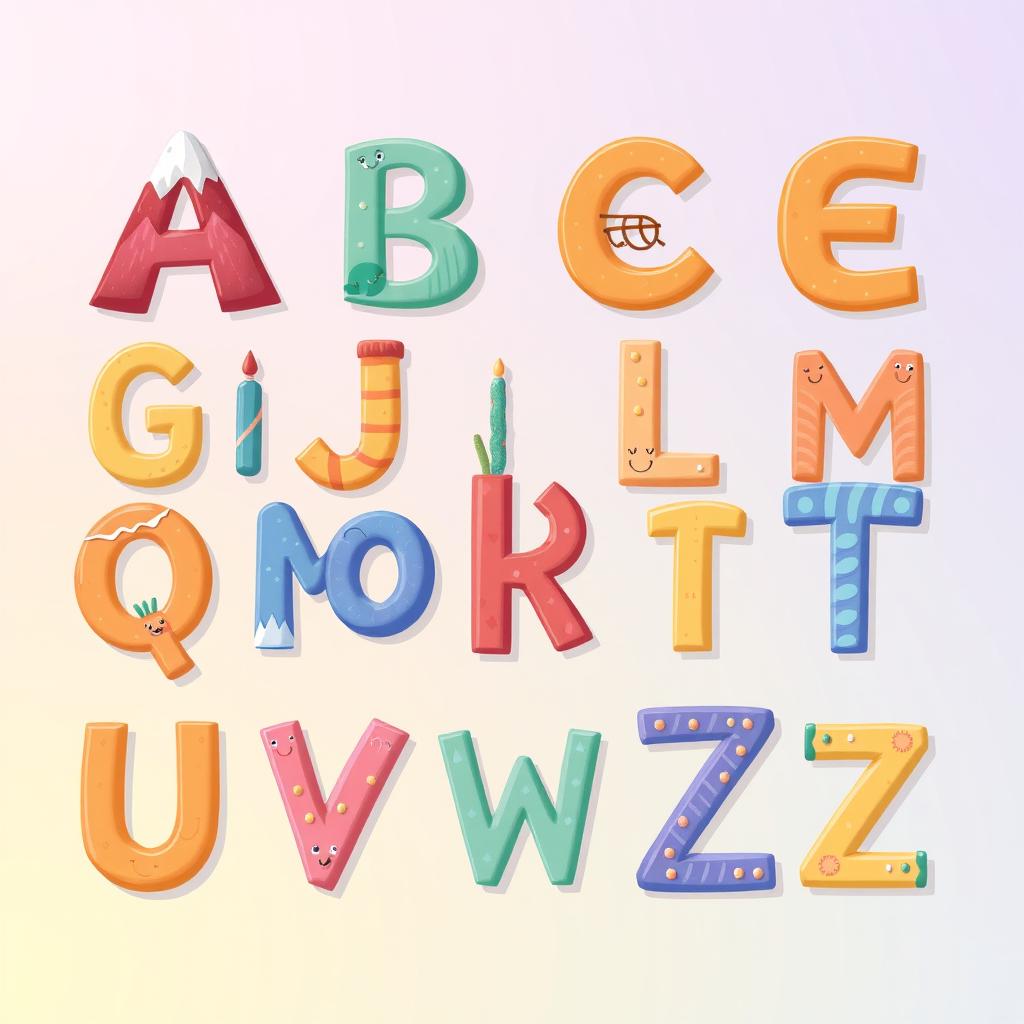 A highly artistic illustration depicting the alphabet from A to Z, each letter represented in a unique and creative style