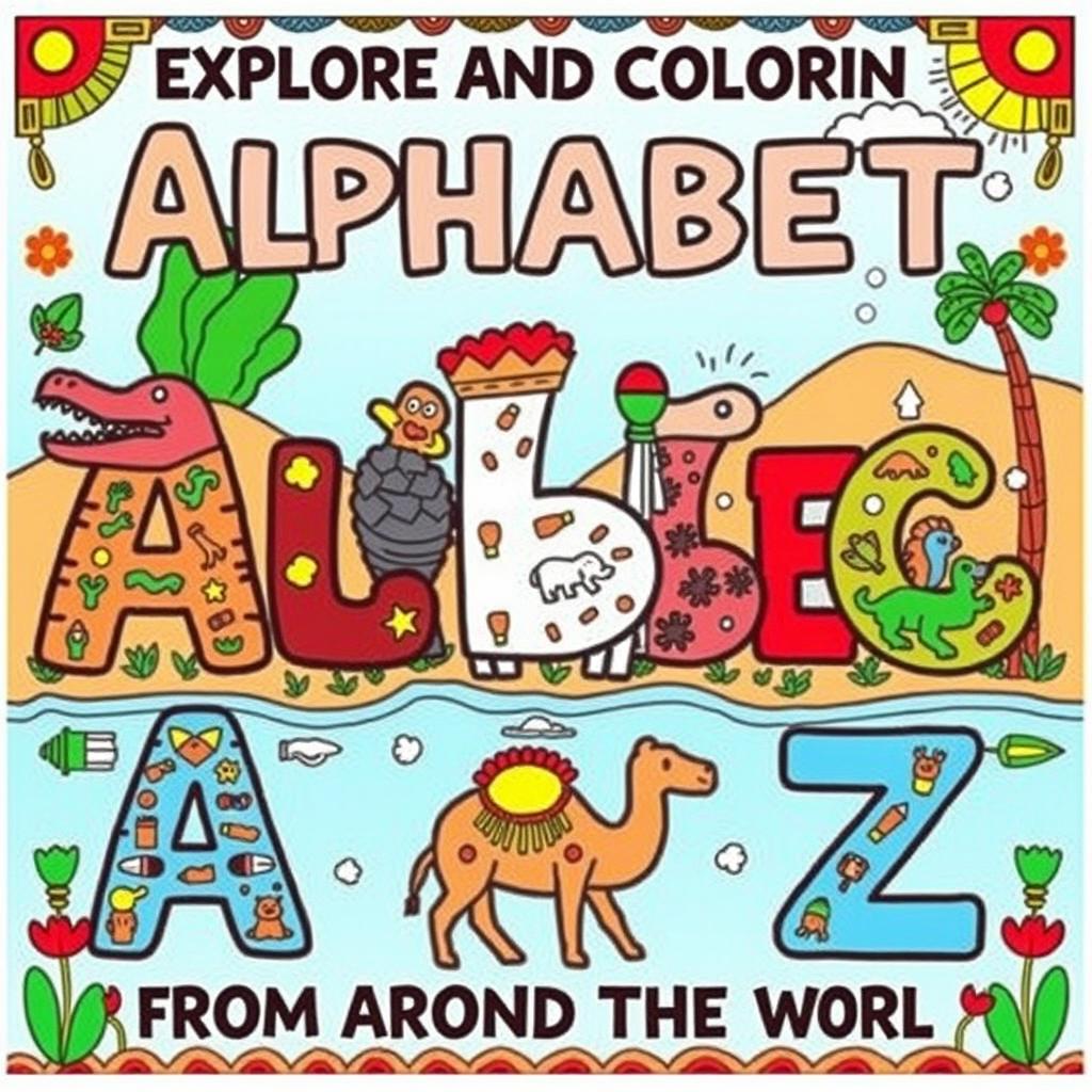 An engaging and colorful illustration titled 'Explore and Color Amazing Alphabet A to Z from Around the World', featuring each letter of the alphabet creatively represented by an iconic animal or object from different cultures and regions