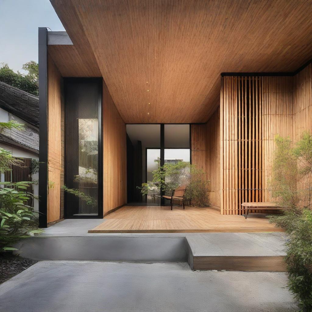 Subtly upgrade the previous industrial minimalist house by incorporating 30% bamboo elements into the facade, achieving a 1000% aesthetic improvement