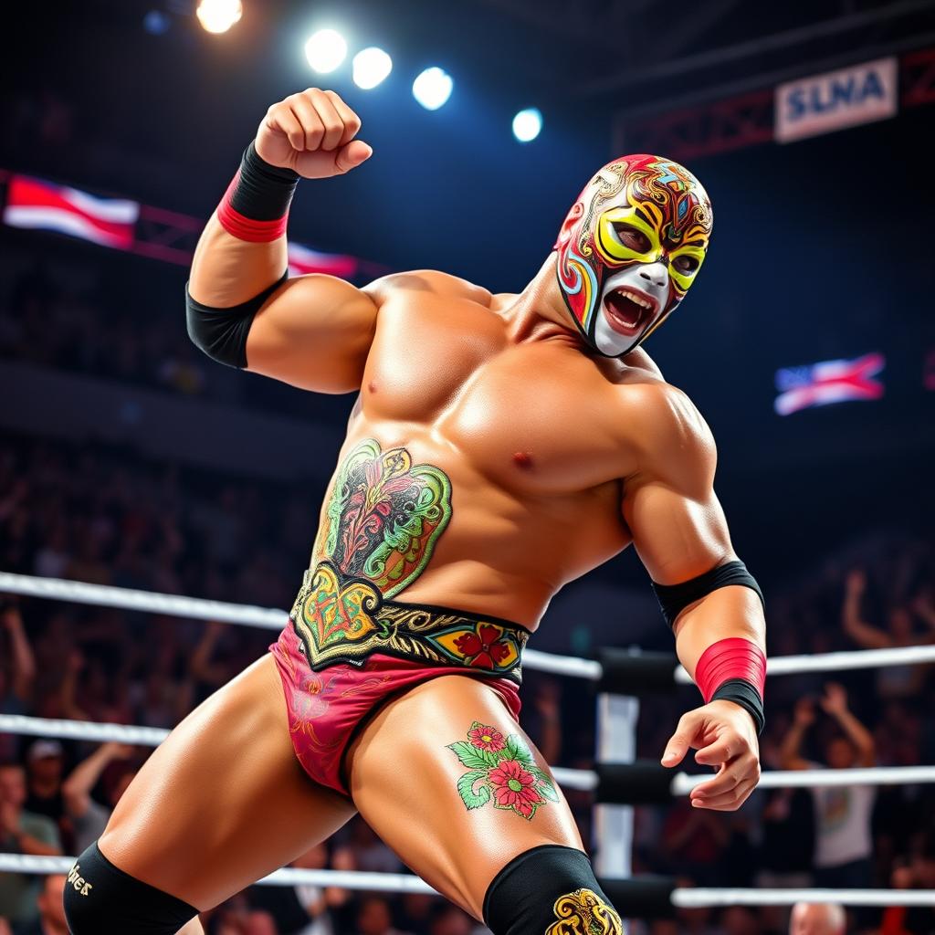 A dynamic and powerful wrestler in an action-packed pose, wearing a colorful mask and a detailed, vibrant wrestling outfit adorned with intricate designs and patterns