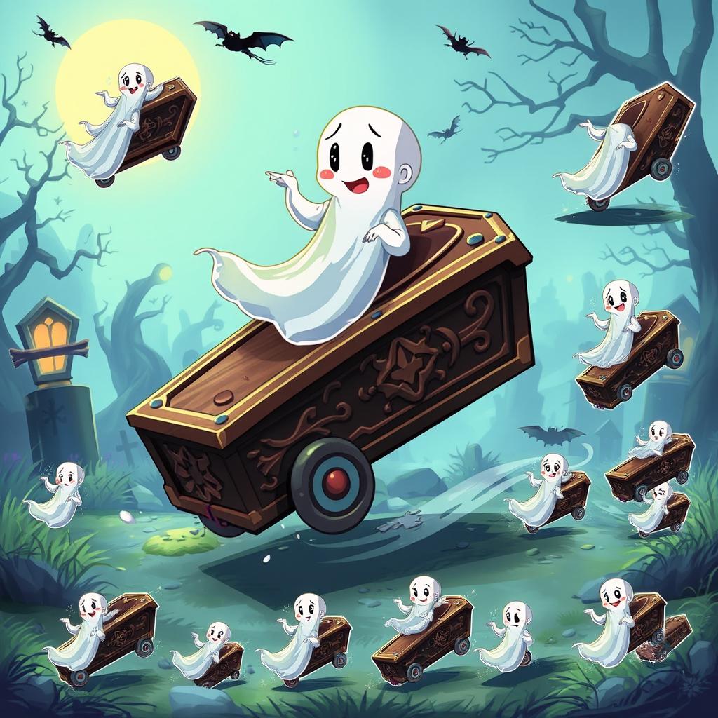 A whimsical spritesheet design featuring a coffin being driven by a ghost without legs