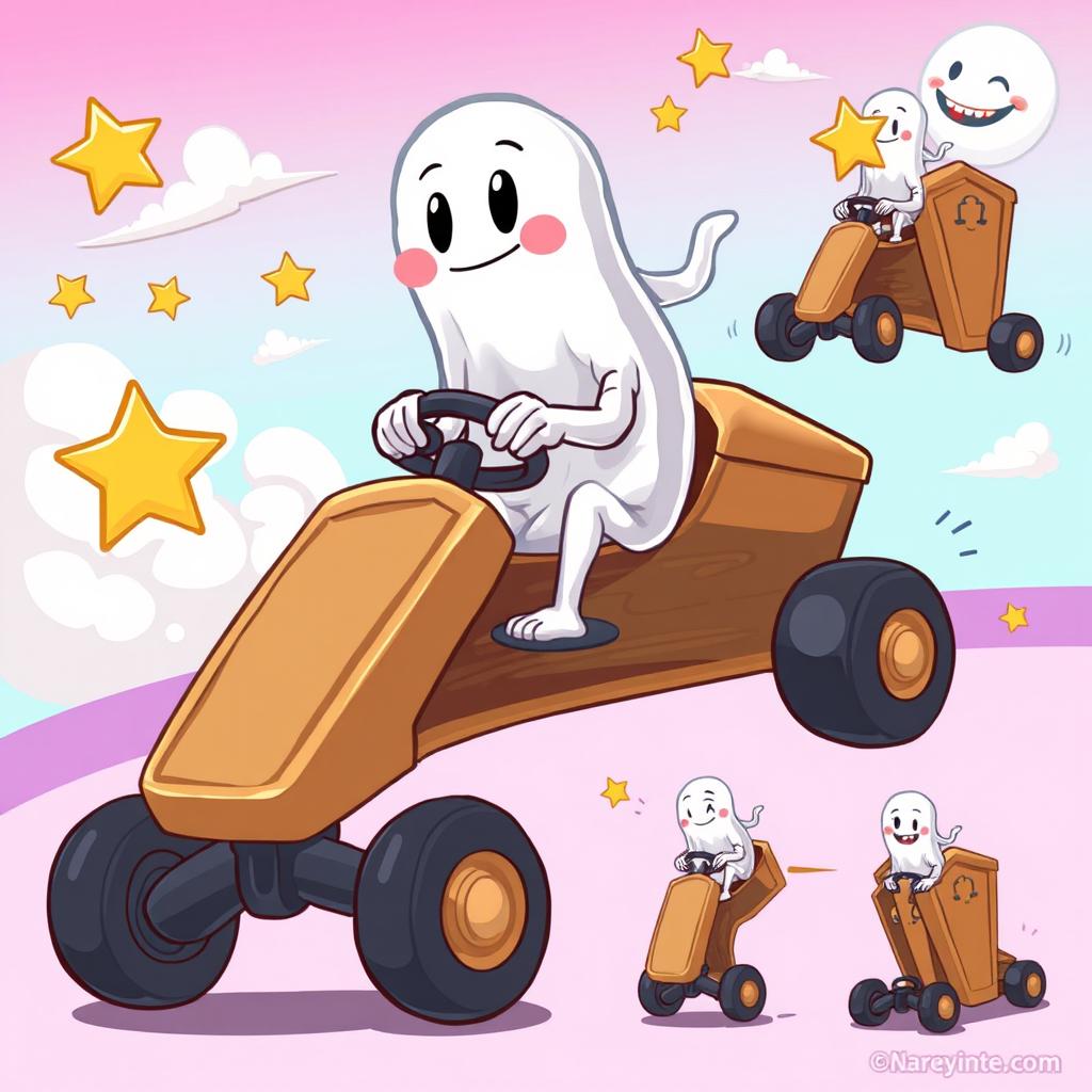 A cartoon-style spritesheet featuring a unique go-kart shaped like a coffin, with a whimsical, transparent ghost driving the kart