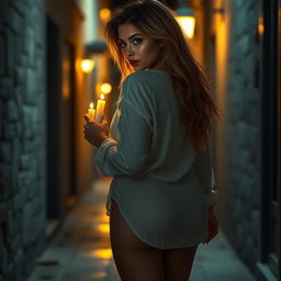 A beautiful and voluptuous young woman with a sweet yet sexy charm, walking away down a softly lit candle-lit alley