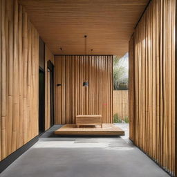 Subtly upgrade the previous industrial minimalist house by incorporating 30% bamboo elements into the facade, achieving a 1000% aesthetic improvement