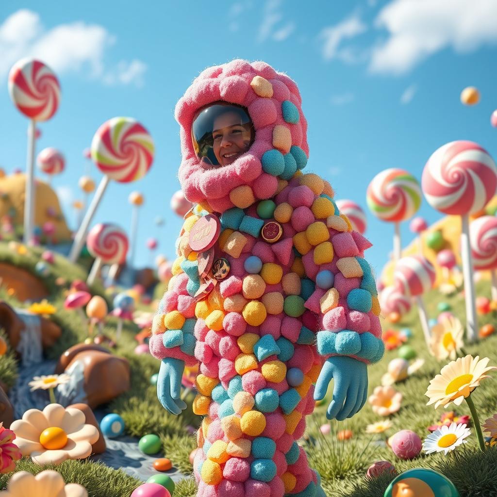 A whimsical scene featuring a character wearing a candyland-themed ghillie suit, blending into a colorful landscape made of oversized candy, lollipops, and gumdrops