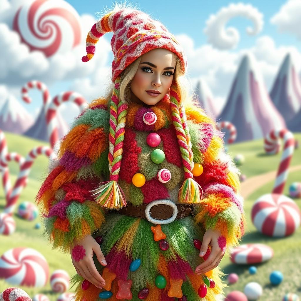 A female dwarf wearing a vibrant, multicolored Candyland-themed ghillie suit, the suit made up of various candy elements like lollipops, gummy bears, and cotton candy
