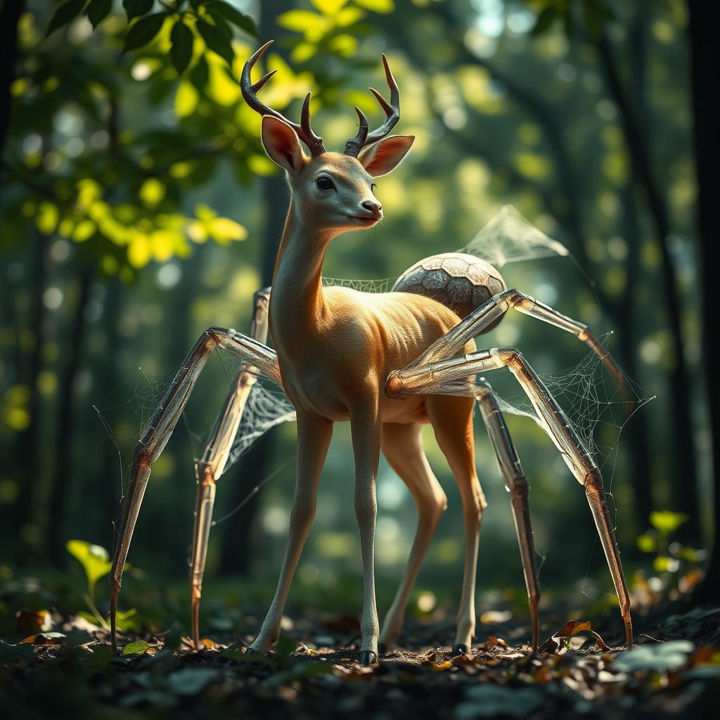 A surreal creature combining the graceful form of a deer with the intricate features of a spider