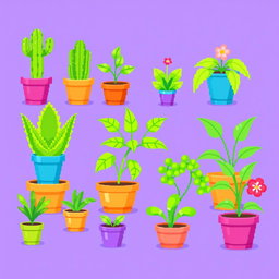 A vibrant pixel art spritesheet showcasing a variety of indoor plants arranged in colorful pots