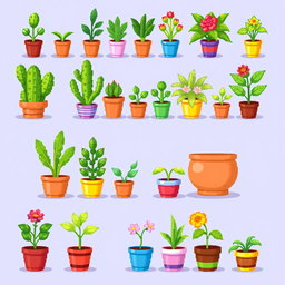 A vibrant pixel art spritesheet showcasing a variety of indoor plants arranged in colorful pots