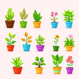 A vibrant pixel art spritesheet showcasing a variety of indoor plants arranged in colorful pots