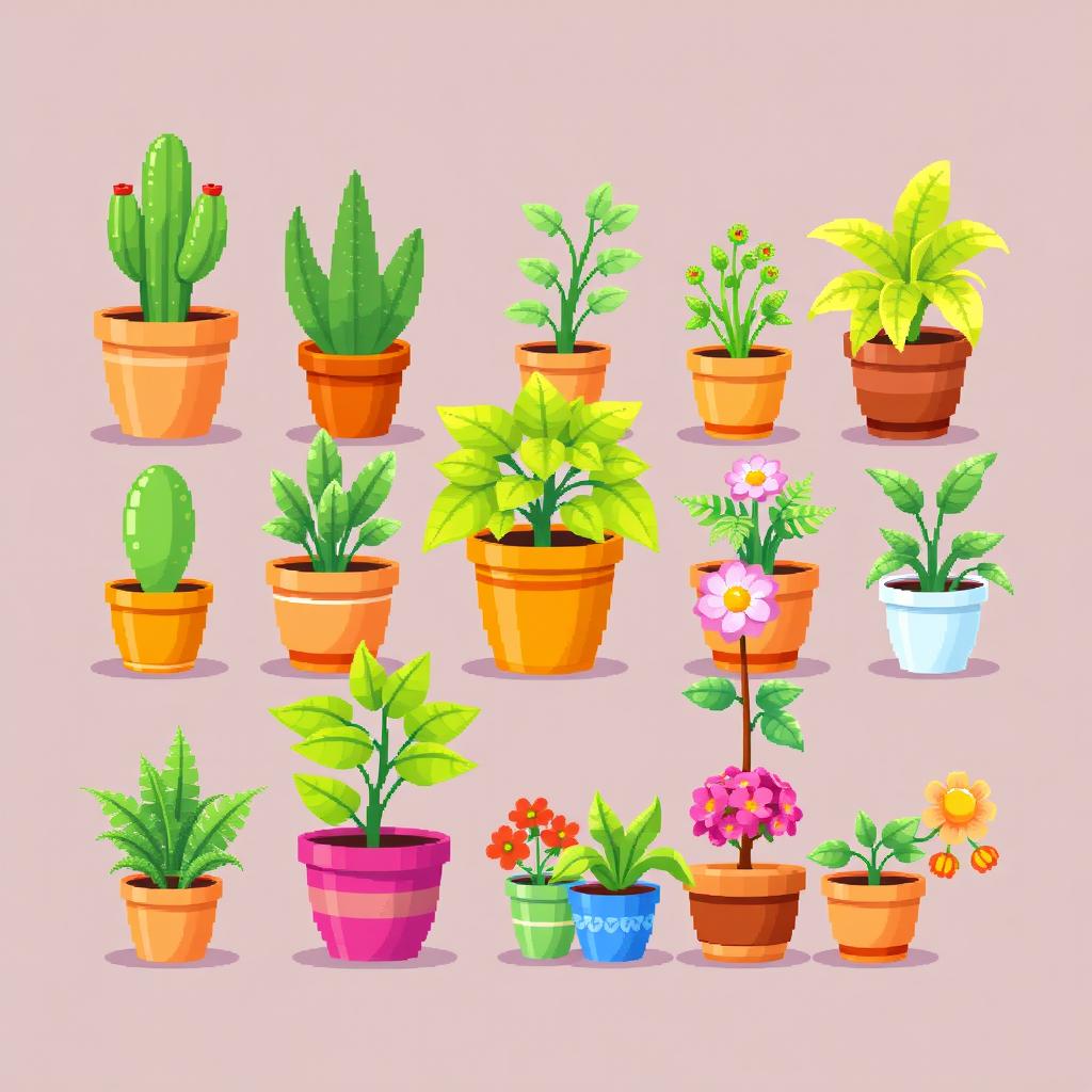 A vibrant pixel art spritesheet showcasing a variety of indoor plants arranged in colorful pots