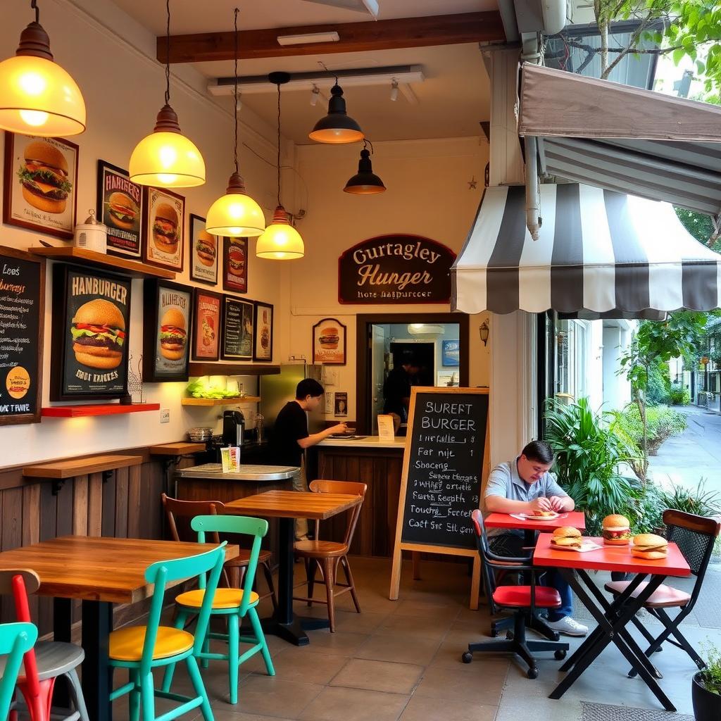 A cozy small hamburger restaurant with a warm and inviting atmosphere
