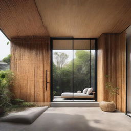 Subtly upgrade the previous industrial minimalist house by incorporating 30% bamboo elements into the facade, achieving a 1000% aesthetic improvement