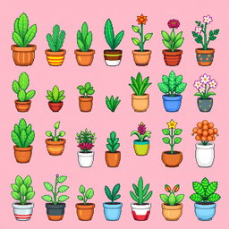 A pixel art spritesheet featuring various potted plants in different styles