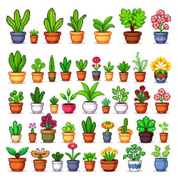 A pixel art spritesheet featuring various potted plants in different styles