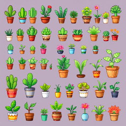 A pixel art spritesheet featuring various potted plants in different styles
