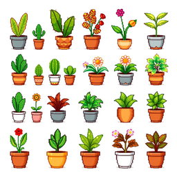A pixel art spritesheet featuring various potted plants in different styles