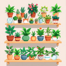 A pixel art spritesheet featuring a variety of potted plants on a modern shelf