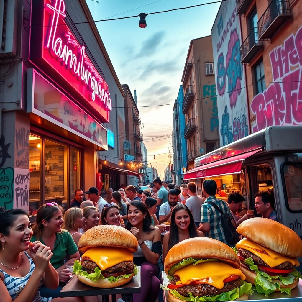A vibrant street scene showcasing a popular hamburguería (burger joint) in a lively urban setting