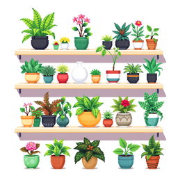 A pixel art spritesheet featuring a variety of potted plants on a modern shelf
