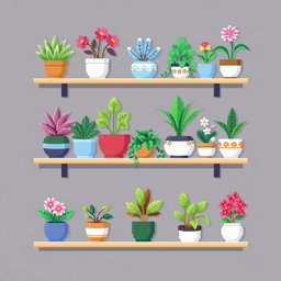 A pixel art spritesheet featuring a variety of potted plants on a modern shelf
