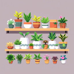 A pixel art spritesheet featuring a variety of potted plants on a modern shelf