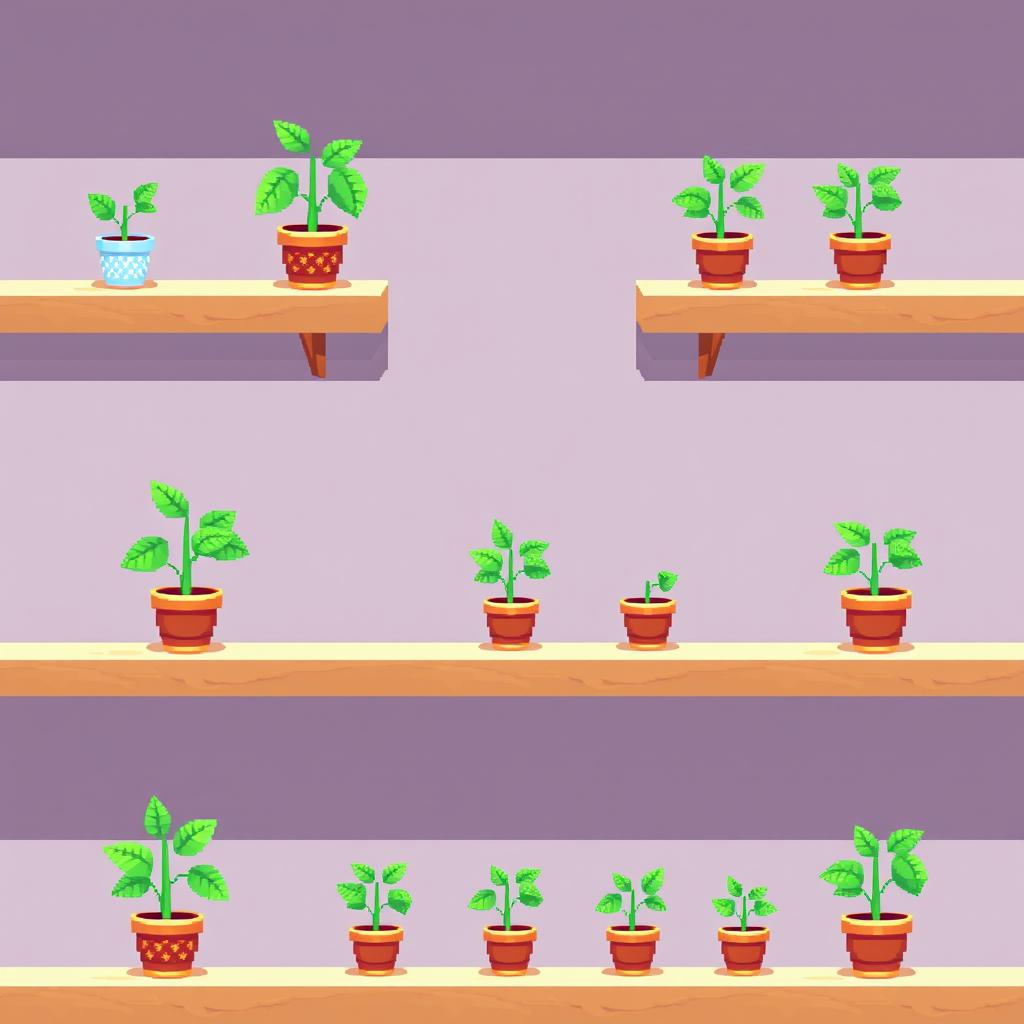 A pixel art spritesheet featuring a potted plant on a shelf